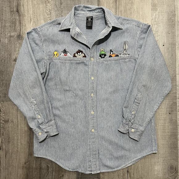 Warner Bros. Other - VTG Warner Bros. Studios Store Looney Tunes Hickory Striped Blue Button Shirt S